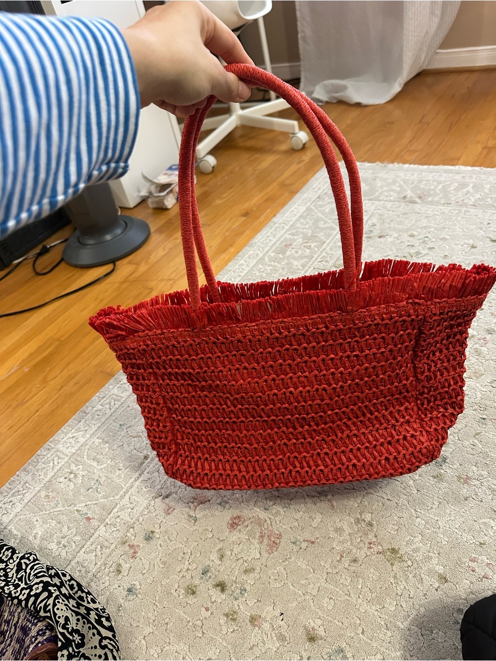 H&M Red Woven Tote Bag with Dual Handles
